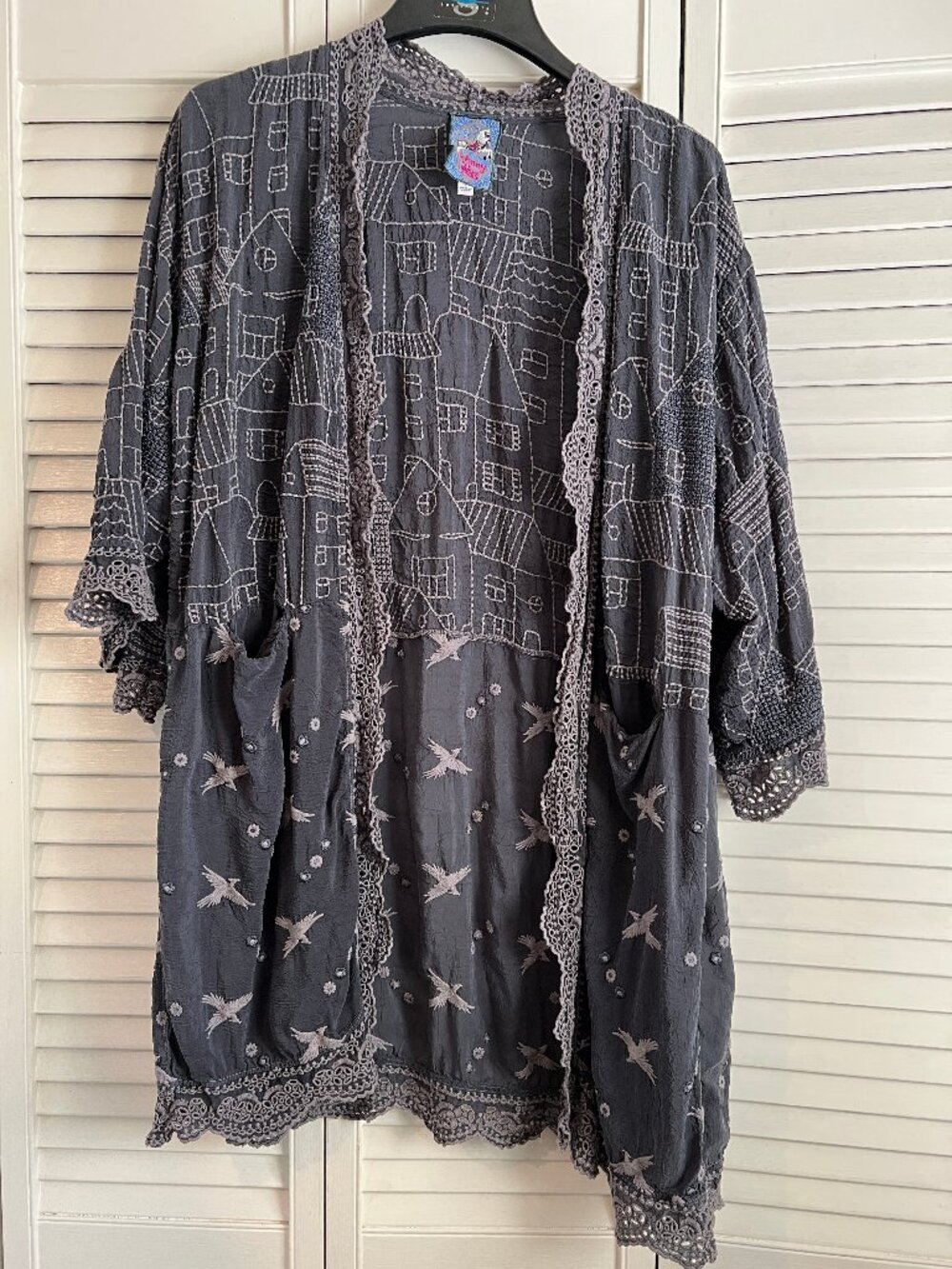 Johnny Was Large Grey Bird & House Kimono Cardigan